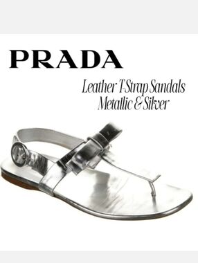 PRADA SLIVER METALLIC Leather T-Strap Flat Sandals  7 | IT 37